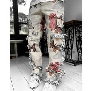 NWT Guapi Paris Butterfly Floral Tapestry Fringed Cargo Pants Size 38